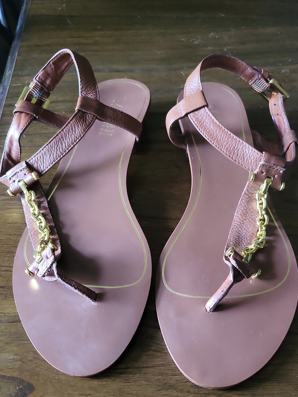 Lauren Ralph Lauren Brown Leather T-Strap Sandals with Gold Chain Accent